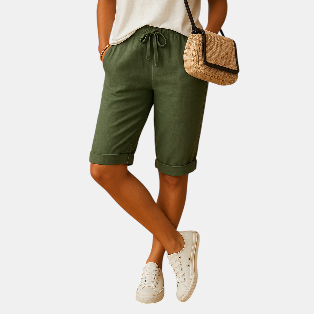 Dames capribroek met elastische taille en strikkoord, relaxed fit en opgerolde zoom, ideaal voor lente- en zomerdagen.