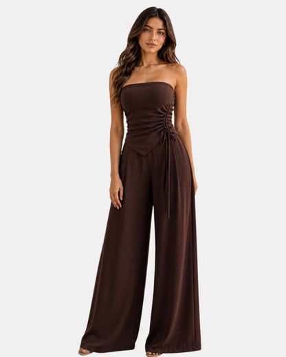 Luxen-Amsterdam bruine tweedelige set met strapless top met ruches en wijde pijpen broek