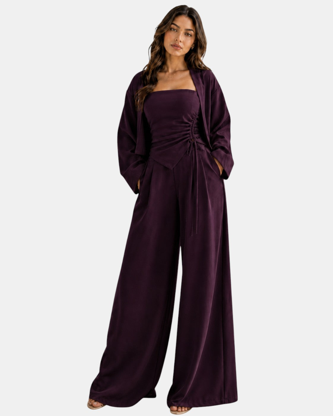 Luxen-Amsterdam Livia strapless tweedelige set in dieppaars met ruches en wijde pijpen broek.