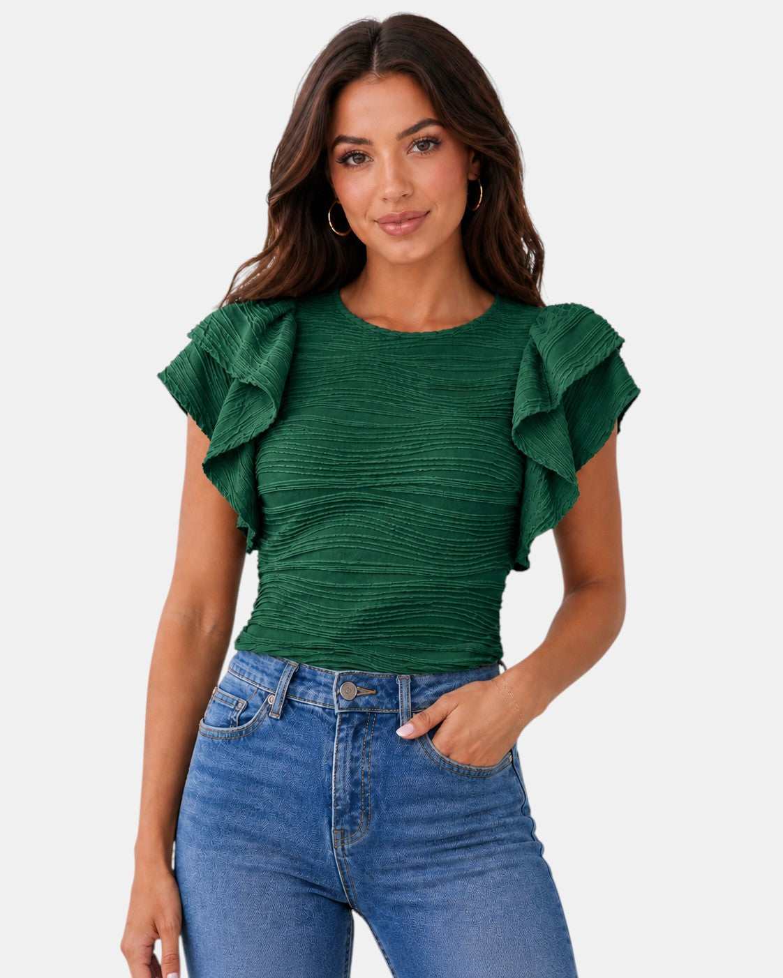 Luxen-Amsterdam Noor Ruffle Blouse in donkergroen met ruches op de mouwen en geplooide textuur.