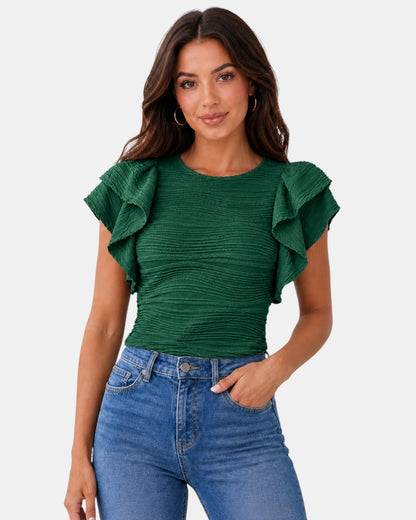 Luxen-Amsterdam Noor Ruffle Blouse in donkergroen met ruches op de mouwen en geplooide textuur.