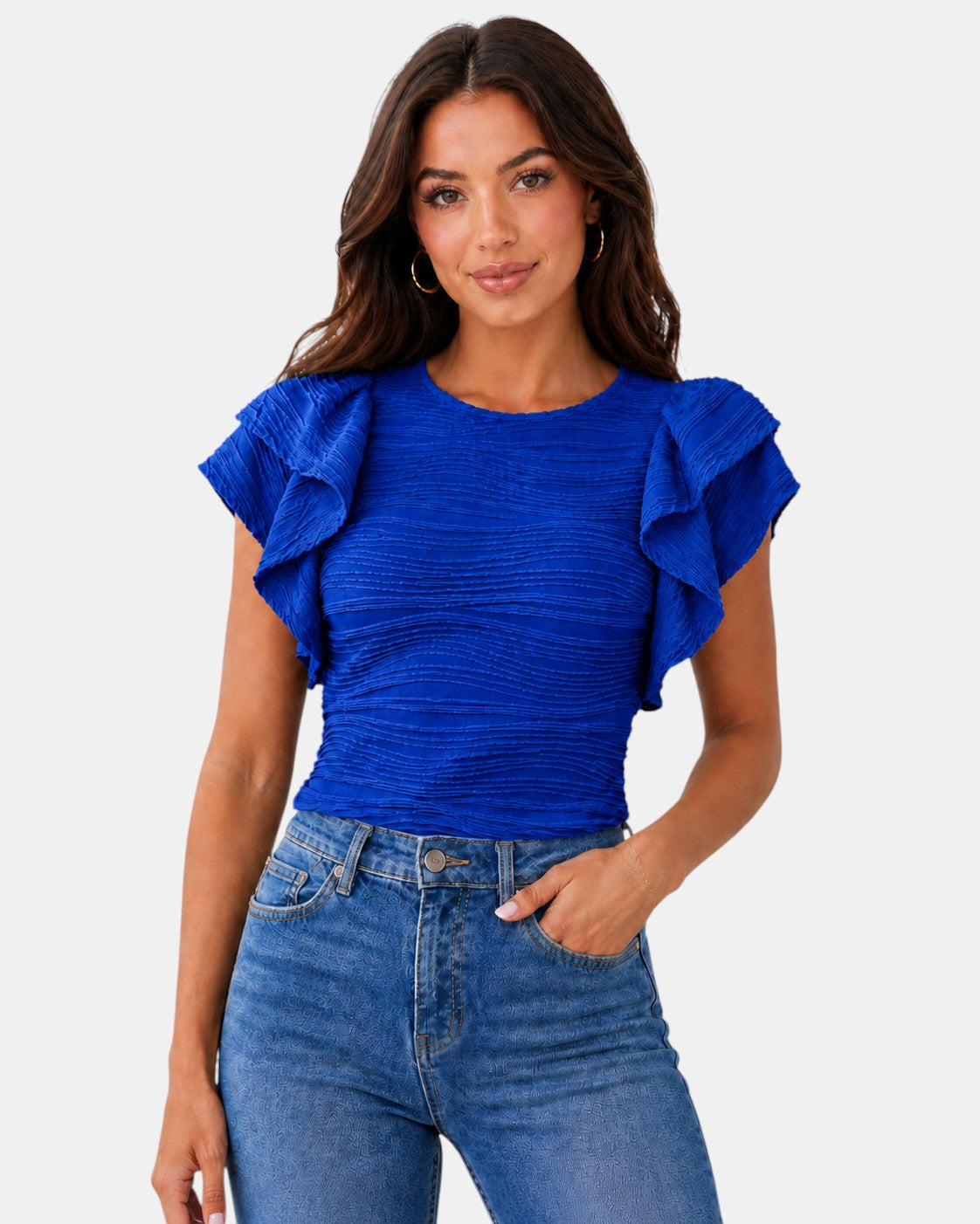 Luxen-Amsterdam Noor Ruffle Blouse in kobaltblauw met ruches op de mouwen en geplooide textuur.