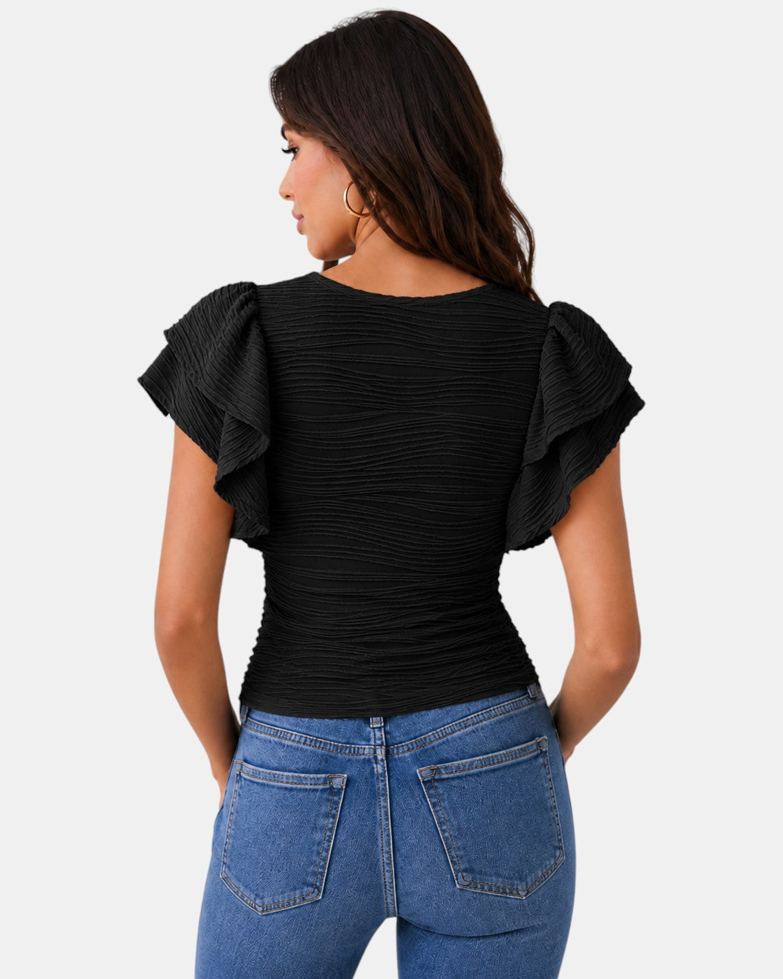 Luxen-Amsterdam Noor Ruffle Blouse in zwart met geplooide textuur en ruches op de mouwen.