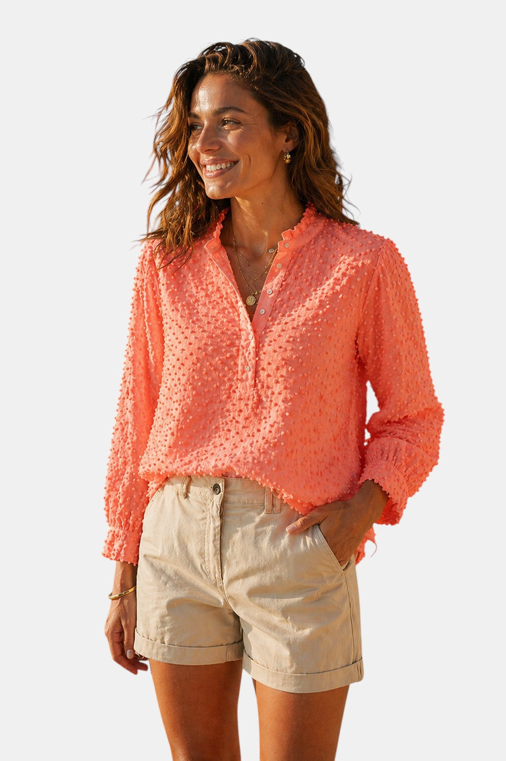 Luxen-Amsterdam roze blouse met bloemenprint, V-hals en driekwart mouwen. Gemaakt van rayon en nylon.