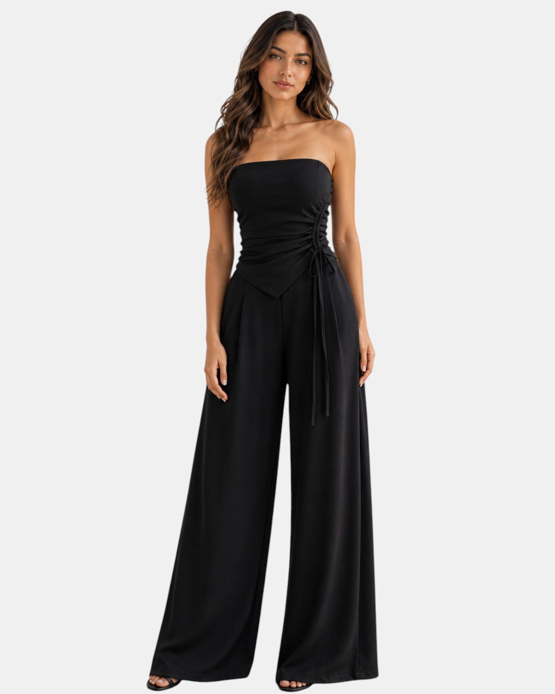 Luxen-Amsterdam zwarte strapless top met ruches en wijde pijpen broek, verstelbaar strikdetail