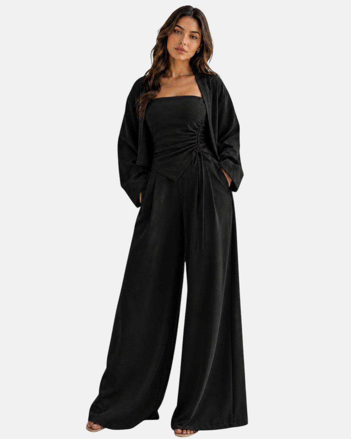 Luxen-Amsterdam zwarte strapless top met ruches en wijde pijpen broek, elegante set voor dames.