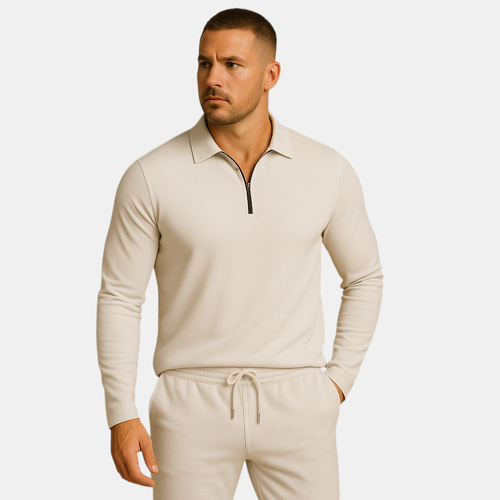 Moderne heren tracksuit met rits en tapered broek, perfect voor loungen of casual uitstapjes, in donkergrijs, blauw of zwart.