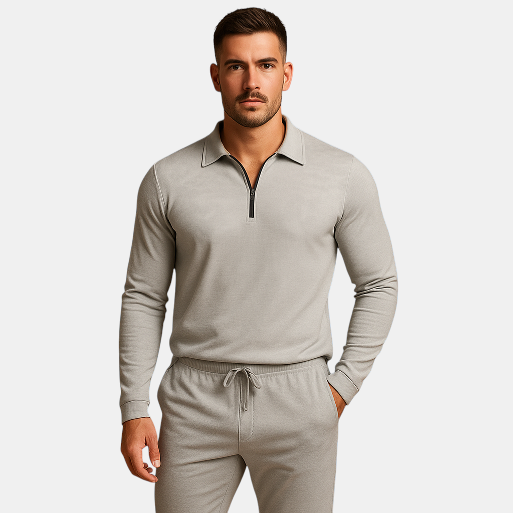 Moderne heren tracksuit met rits en tapered broek, perfect voor loungen of casual uitstapjes, in donkergrijs, blauw of zwart.