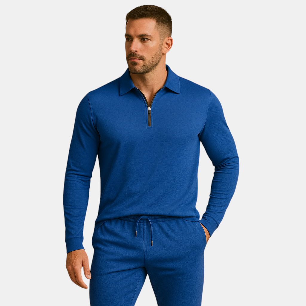 Moderne heren tracksuit met rits en tapered broek, perfect voor loungen of casual uitstapjes, in donkergrijs, blauw of zwart.