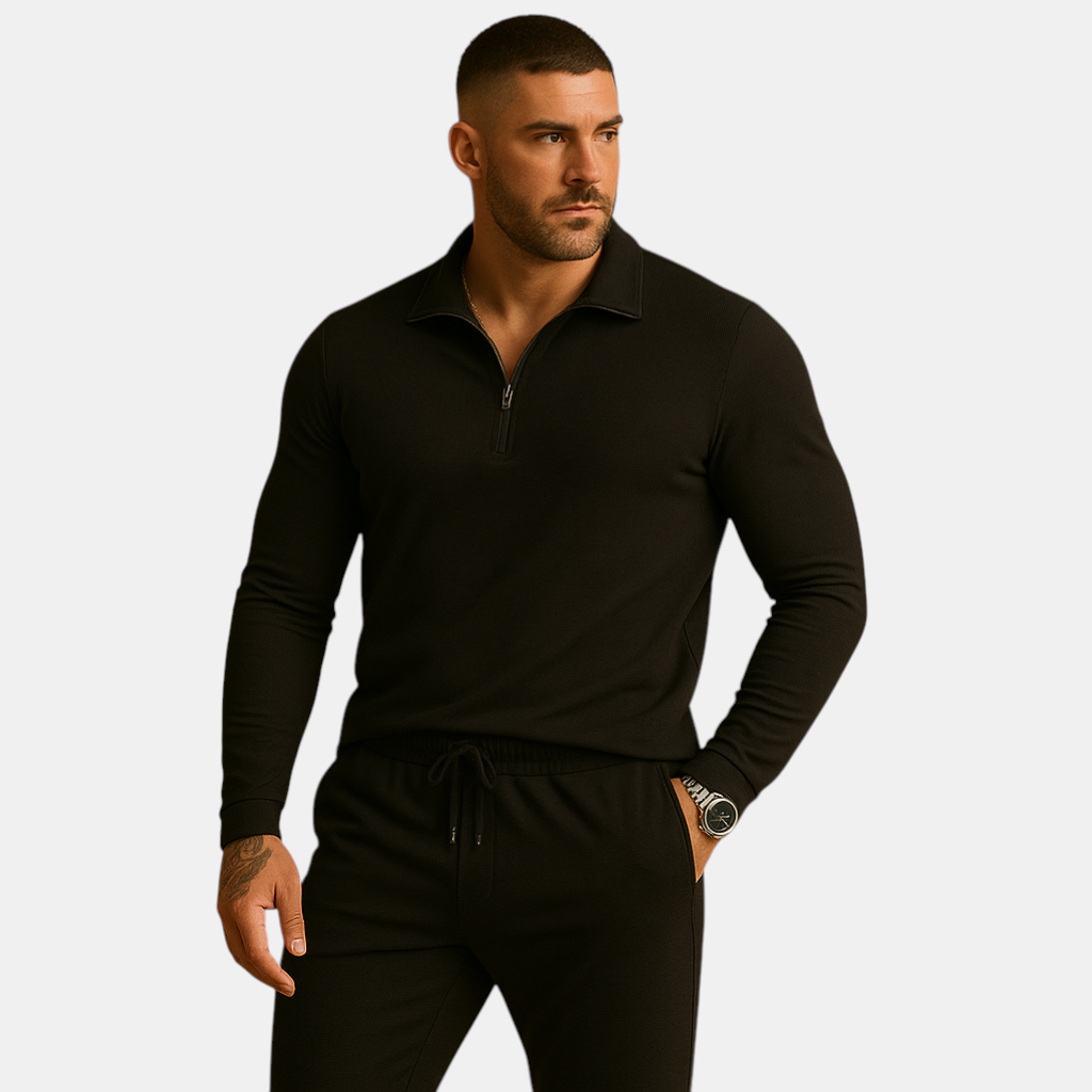 Moderne heren tracksuit met rits en tapered broek, perfect voor loungen of casual uitstapjes, in donkergrijs, blauw of zwart.