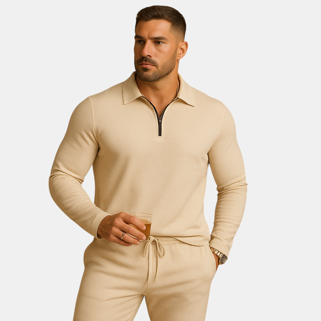 Moderne heren tracksuit met rits en tapered broek, perfect voor loungen of casual uitstapjes, in donkergrijs, blauw of zwart.