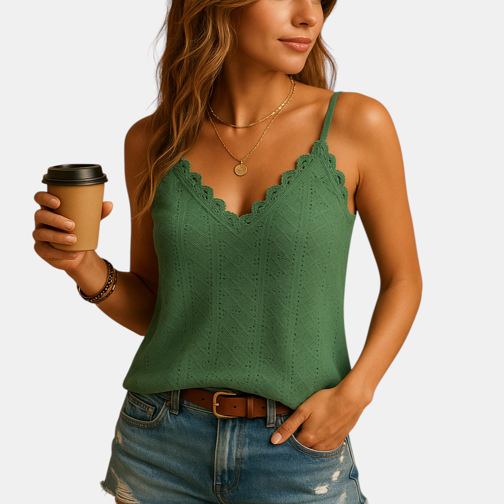 Linnen broek met elastische taille voor damDames top zonder mouwen met V-hals, kantdetails en dunne bandjes, ideaal voor een elegante look op warme dagenes, losvallend model van katoen-linnen – perfect voor casual of chique zomeroutfits.