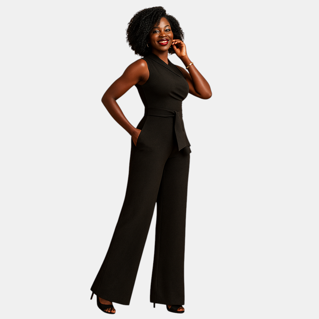Elegante one-shoulder dames jumpsuit in rood of zwart met wijde broekspijpen, perfect voor zomerfeesten of speciale gelegenheden.