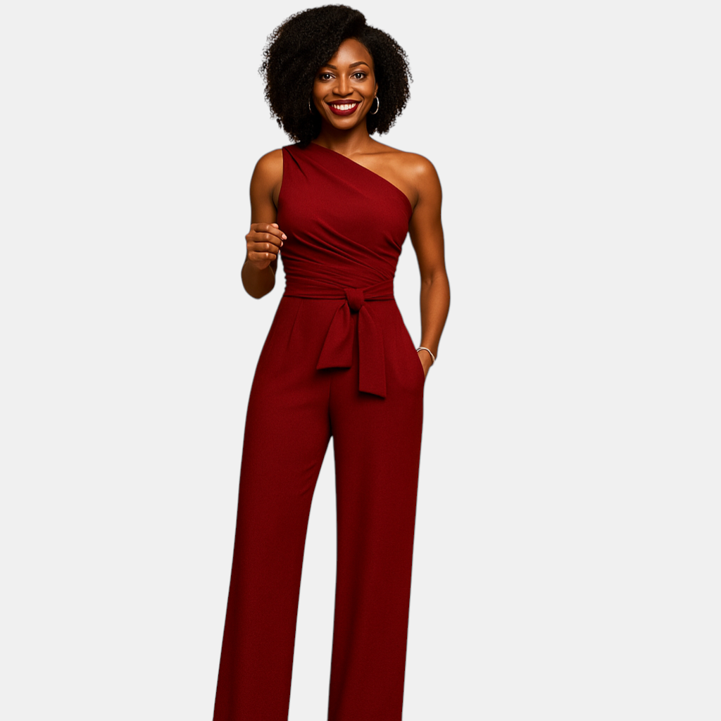 Elegante one-shoulder dames jumpsuit in rood of zwart met wijde broekspijpen, perfect voor zomerfeesten of speciale gelegenheden.