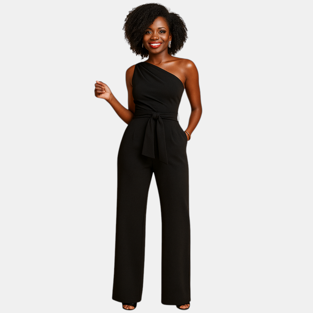 Elegante one-shoulder dames jumpsuit in rood of zwart met wijde broekspijpen, perfect voor zomerfeesten of speciale gelegenheden.