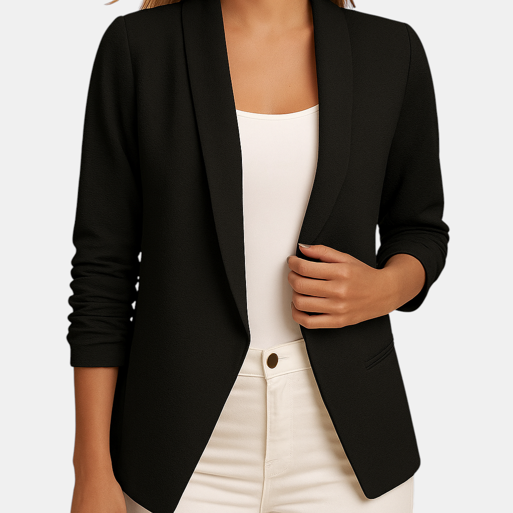 Elegante openvallende damesblazer met flatterende pasvorm, ideaal voor werk of stijlvolle alledaagse outfits.