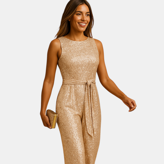 Glamoureuze mouwloze dames jumpsuit met pailletten in meerdere kleuren, perfect voor feesten, gala’s en speciale gelegenheden.