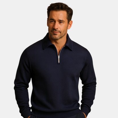 Heren polo trui met kwart rits en geometrisch patroon, ideaal voor herfst en winter, geschikt voor zowel werk als vrije tijd.