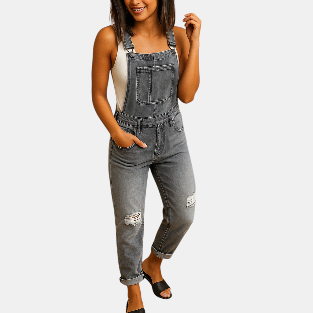 Dames denim overall met gescheurde details en verstelbare bandjes in grijs, lichtblauw en donkerblauw – ideaal voor streetwear of casual outfits