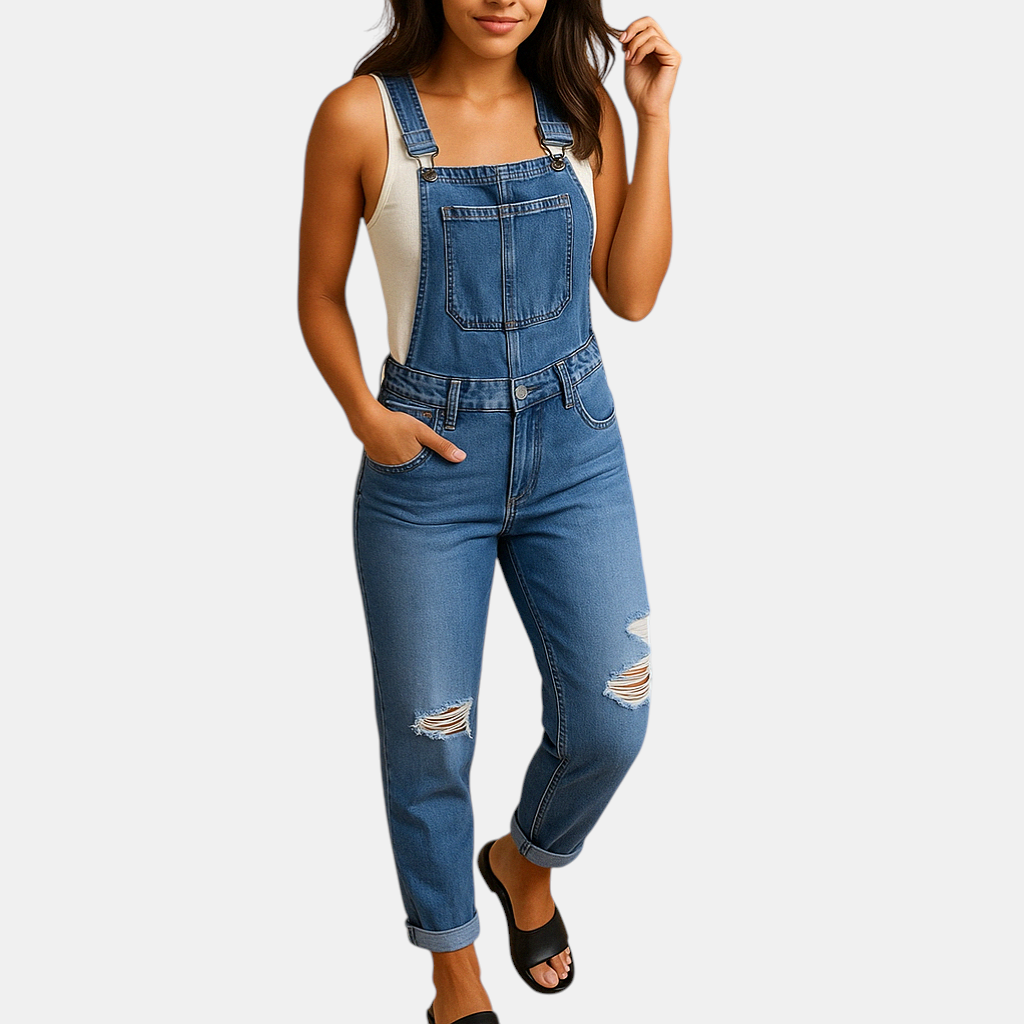Dames denim overall met gescheurde details en verstelbare bandjes in grijs, lichtblauw en donkerblauw – ideaal voor streetwear of casual outfits