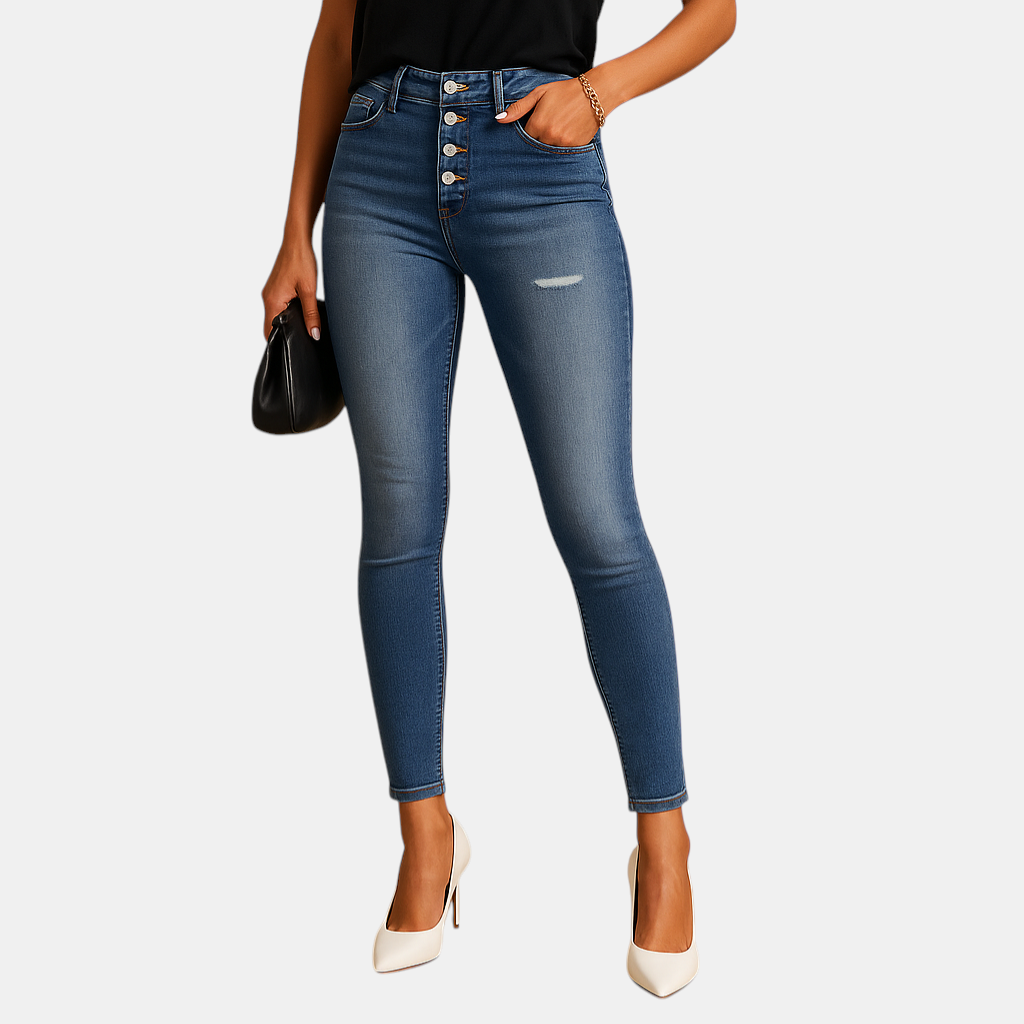 Dames slim fit jeans met ripped details, gemaakt van denim in een comfortabele stretchstof, perfect voor casual en trendy looks.