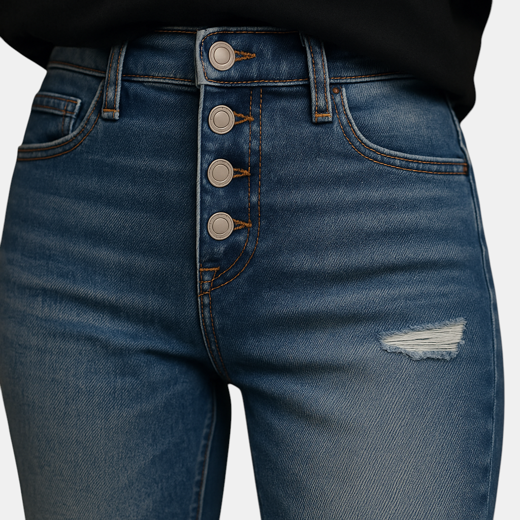 Dames slim fit jeans met ripped details, gemaakt van denim in een comfortabele stretchstof, perfect voor casual en trendy looks.