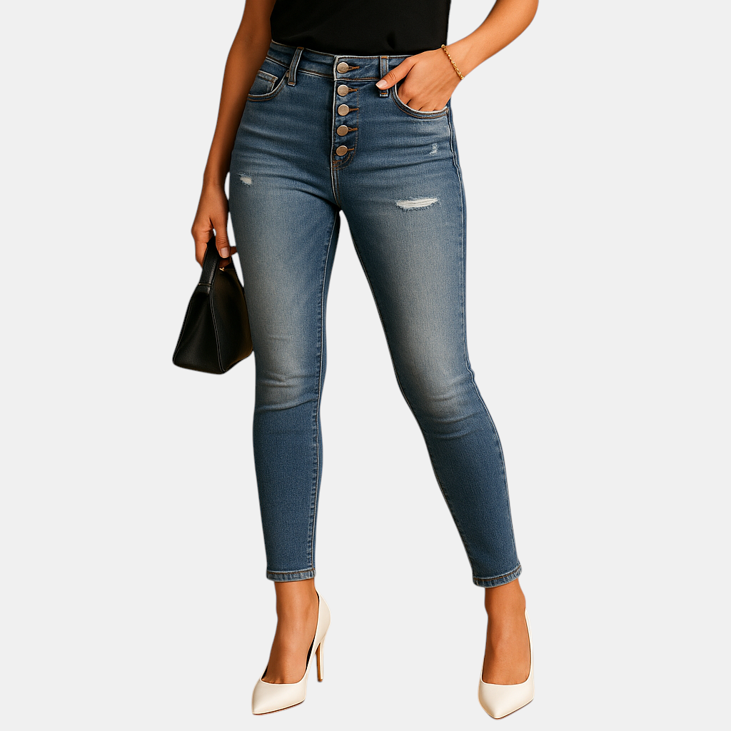 Dames slim fit jeans met ripped details, gemaakt van denim in een comfortabele stretchstof, perfect voor casual en trendy looks.