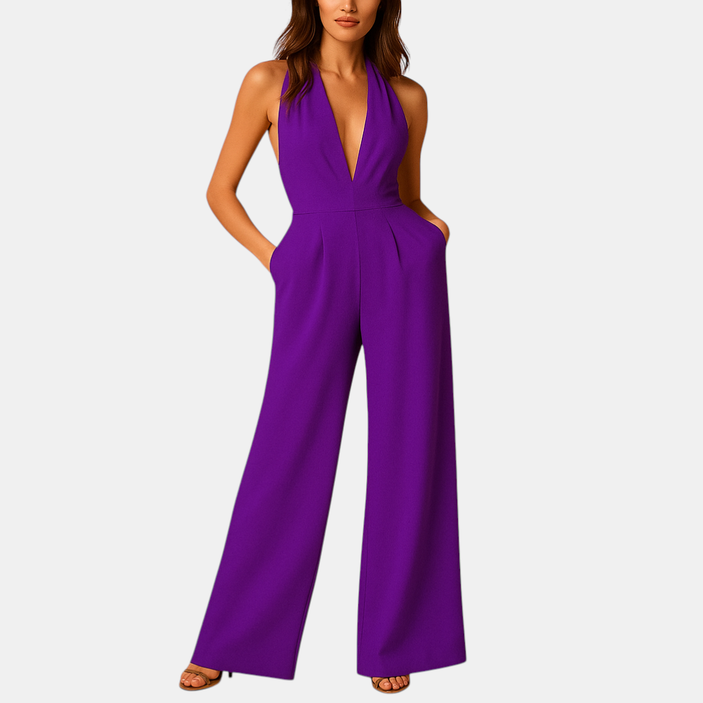 Elegante dames jumpsuit met diepe V-hals, rugloos ontwerp en wijde pijpen, ideaal voor avondjes uit en speciale gelegenheden.