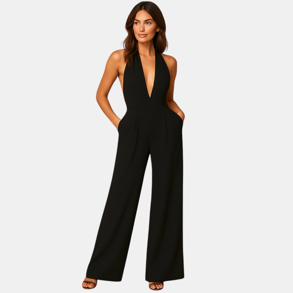 Elegante dames jumpsuit met diepe V-hals, rugloos ontwerp en wijde pijpen, ideaal voor avondjes uit en speciale gelegenheden.
