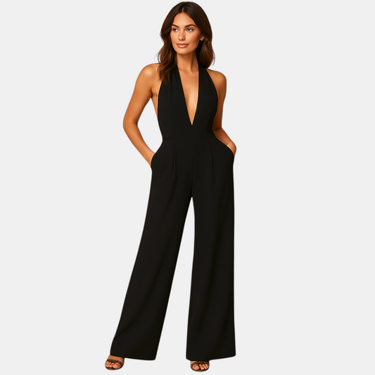 Elegante dames jumpsuit met diepe V-hals, rugloos ontwerp en wijde pijpen, ideaal voor avondjes uit en speciale gelegenheden.