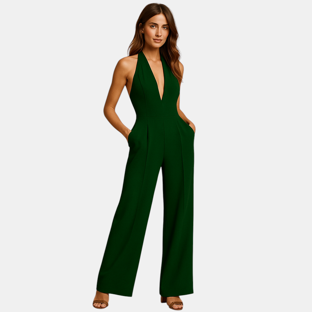 Elegante dames jumpsuit met diepe V-hals, rugloos ontwerp en wijde pijpen, ideaal voor avondjes uit en speciale gelegenheden.