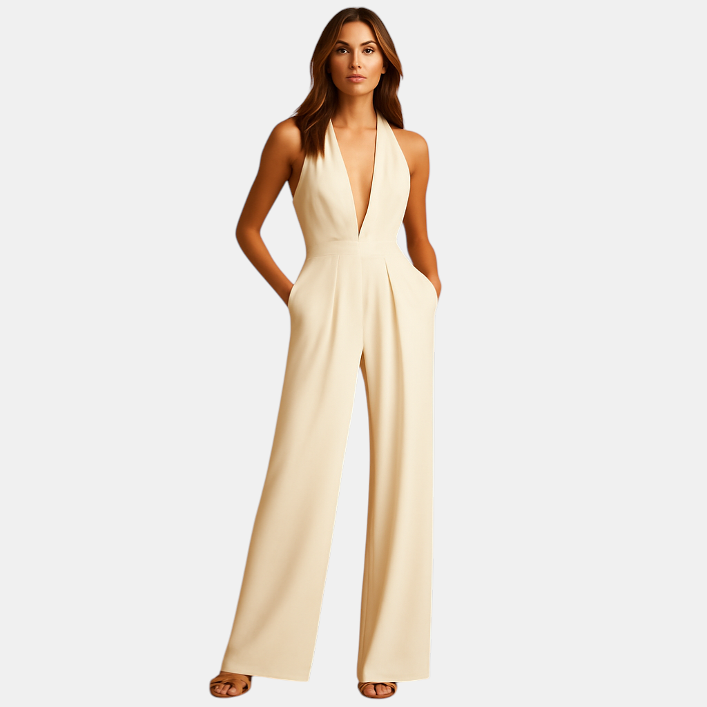Elegante dames jumpsuit met diepe V-hals, rugloos ontwerp en wijde pijpen, ideaal voor avondjes uit en speciale gelegenheden.