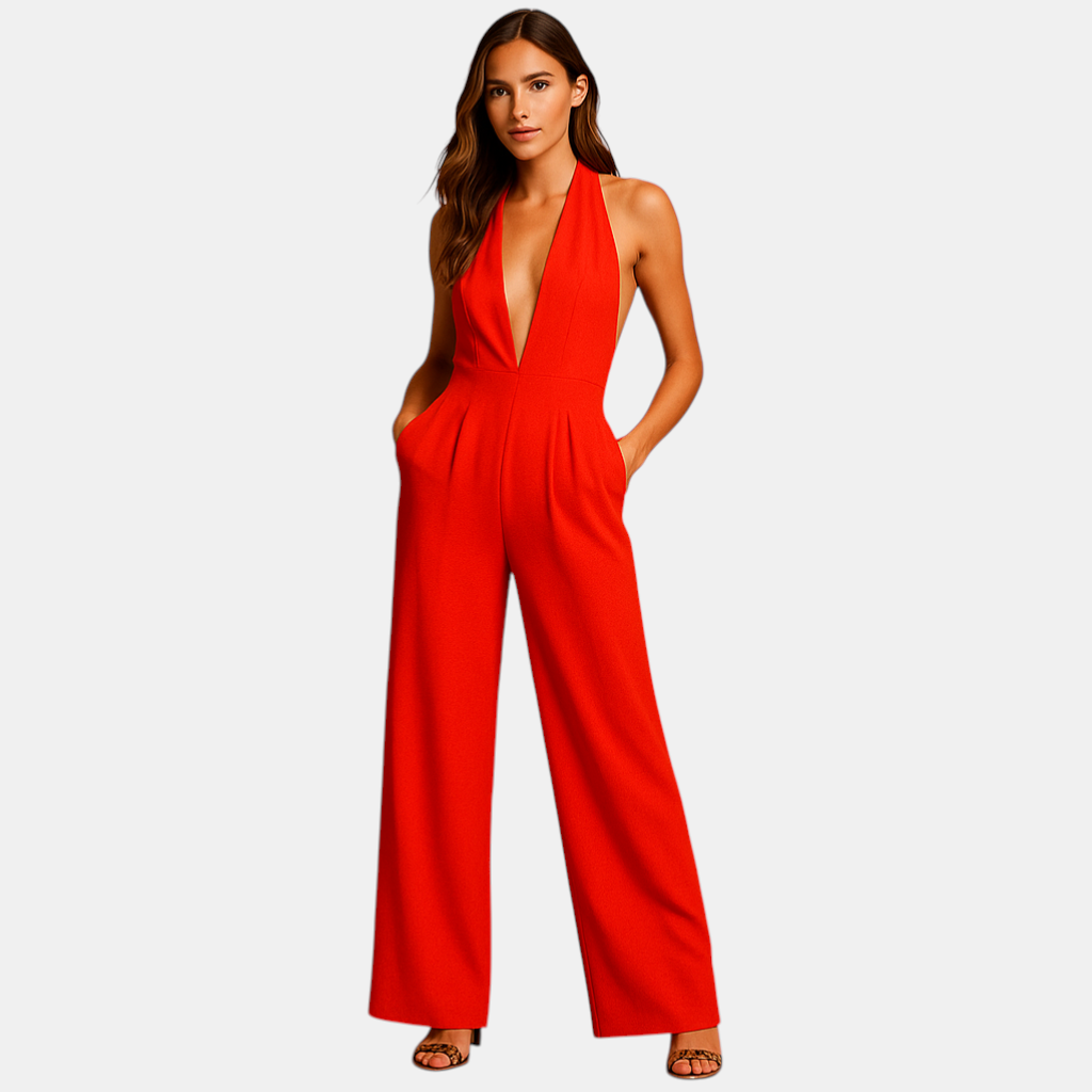 Elegante dames jumpsuit met diepe V-hals, rugloos ontwerp en wijde pijpen, ideaal voor avondjes uit en speciale gelegenheden.