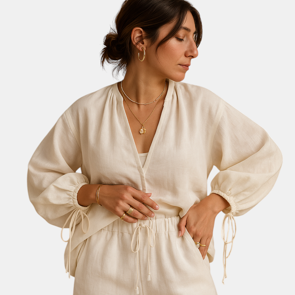Elegant V-neck top and shorts set with ruching, perfect for a stylish and comfortable summer look
