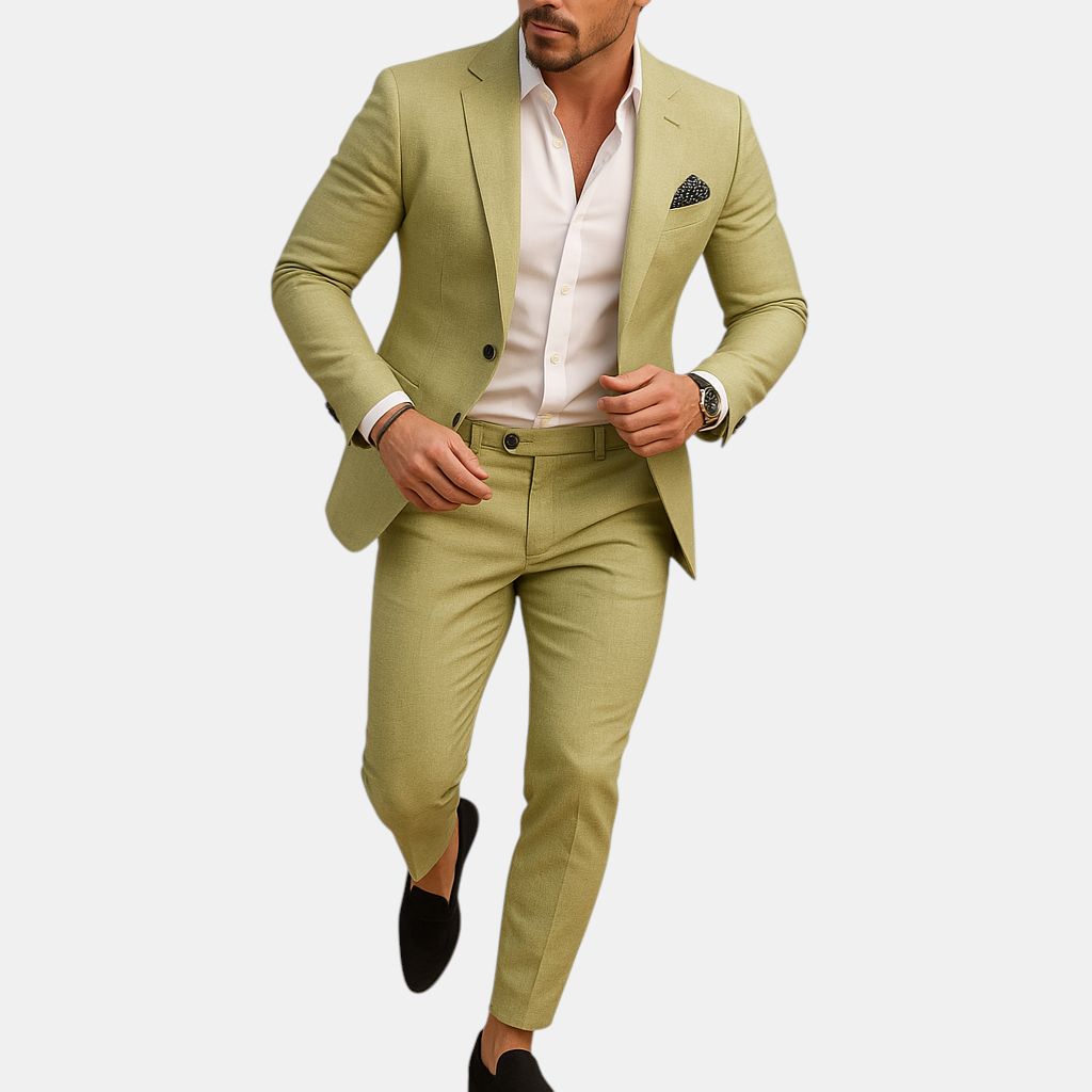 Slim fit herenpak met blazer en pantalon in diverse kleuren, perfect voor bruiloften en formele gelegenheden, met moderne pasvorm.
