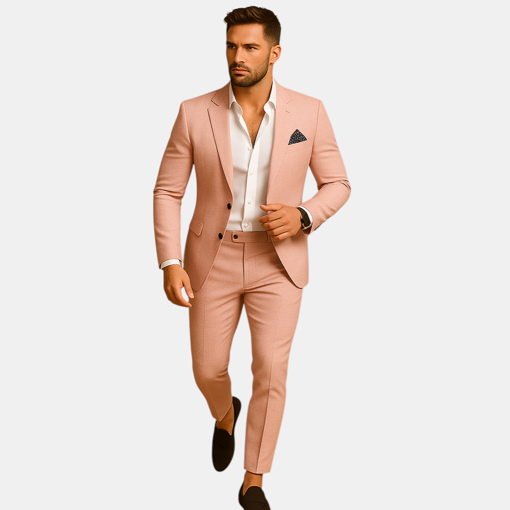 Slim fit herenpak met blazer en pantalon in diverse kleuren, perfect voor bruiloften en formele gelegenheden, met moderne pasvorm.