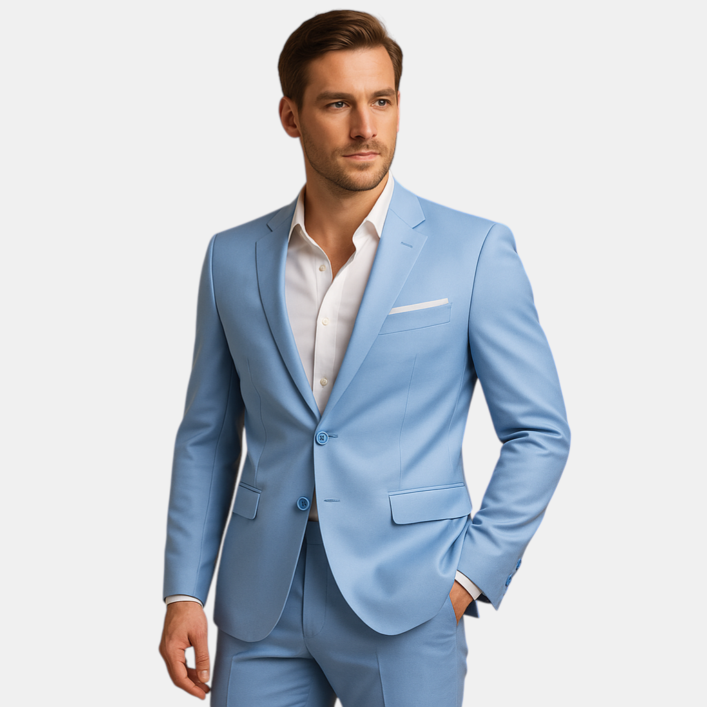 Stijlvol slim fit herenpak met blazer en pantalon in diverse kleuren, perfect voor bruiloften, zakelijke bijeenkomsten en formele evenementen.