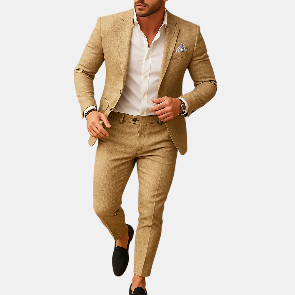 Slim fit herenpak met blazer en pantalon in diverse kleuren, perfect voor bruiloften en formele gelegenheden, met moderne pasvorm.