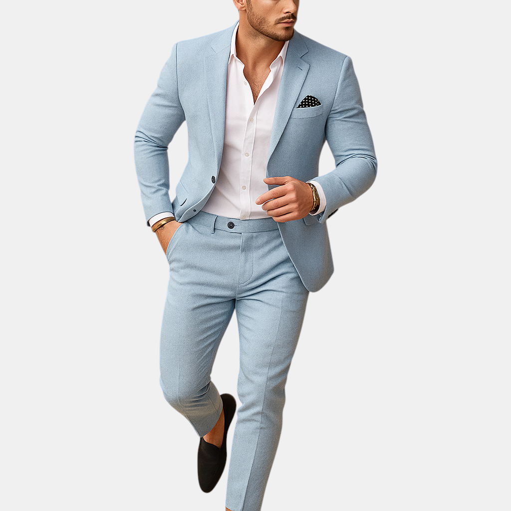 Slim fit herenpak met blazer en pantalon in diverse kleuren, perfect voor bruiloften en formele gelegenheden, met moderne pasvorm.