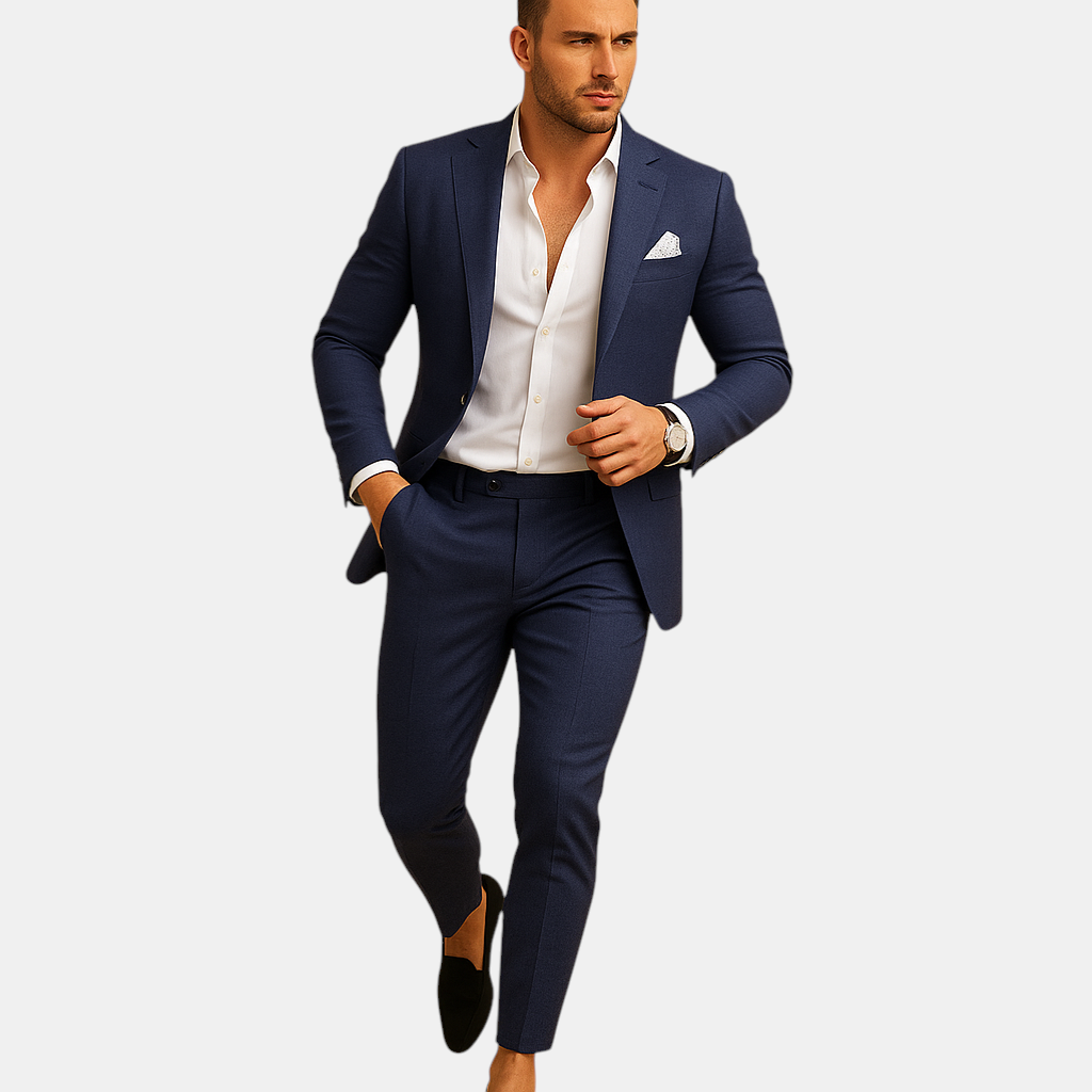 Slim fit herenpak met blazer en pantalon in diverse kleuren, perfect voor bruiloften en formele gelegenheden, met moderne pasvorm.