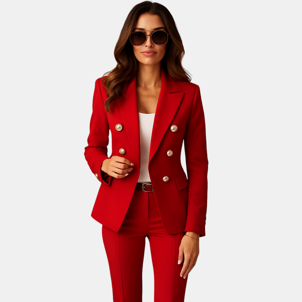 Formele damescollectie met elegante blazer pantalon set in zwart, rood of blauw voor zakelijke gelegenheden.