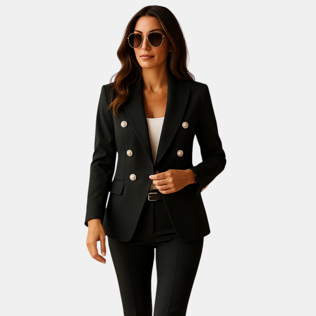 Formele damescollectie met elegante blazer pantalon set in zwart, rood of blauw voor zakelijke gelegenheden.