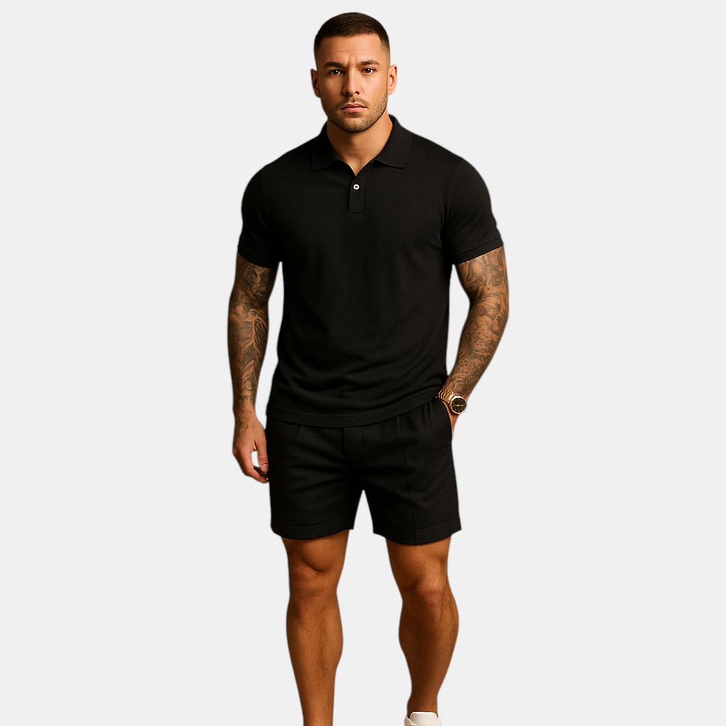 Streetwear set voor heren met ademend shirt en short in moderne stijl, perfect voor ontspannen dagen en stedelijke outfits.