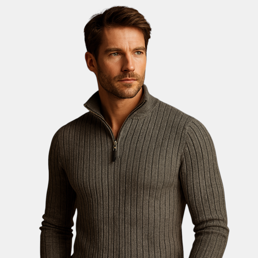 Heren sweater met half-zip en ribgebreide mouwen in lichtgrijs, comfortabele pasvorm en stijlvol design. Ideaal voor casual en smart-casual outfits.