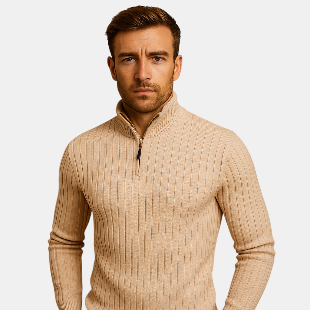 Heren sweater met half-zip en ribgebreide mouwen in lichtgrijs, comfortabele pasvorm en stijlvol design. Ideaal voor casual en smart-casual outfits.