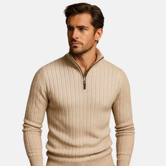 Heren sweater met half-zip en ribgebreide mouwen in lichtgrijs, comfortabele pasvorm en stijlvol design. Ideaal voor casual en smart-casual outfits.