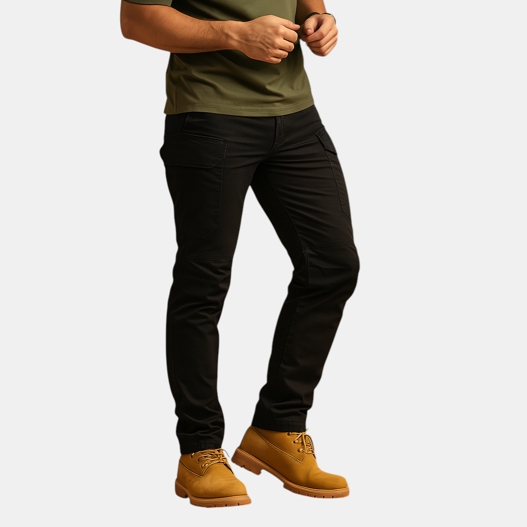 Tactische cargobroek voor heren in militaire stijl met meerdere zakken, ontworpen voor outdoor gebruik, survival en dagelijks comfort.