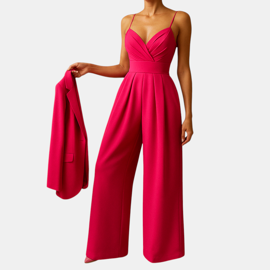 Dames zomer jumpsuit met verstelbare bandjes en lichte stof, perfect voor warme dagen en feestelijke gelegenheden.