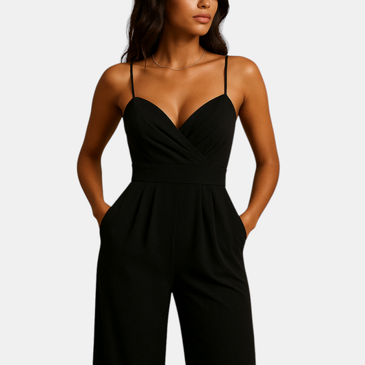 Dames zomer jumpsuit met verstelbare bandjes en lichte stof, perfect voor warme dagen en feestelijke gelegenheden.
