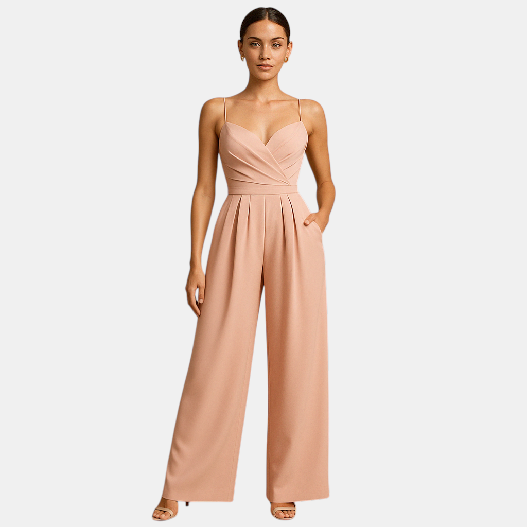 Dames zomer jumpsuit met verstelbare bandjes en lichte stof, perfect voor warme dagen en feestelijke gelegenheden.